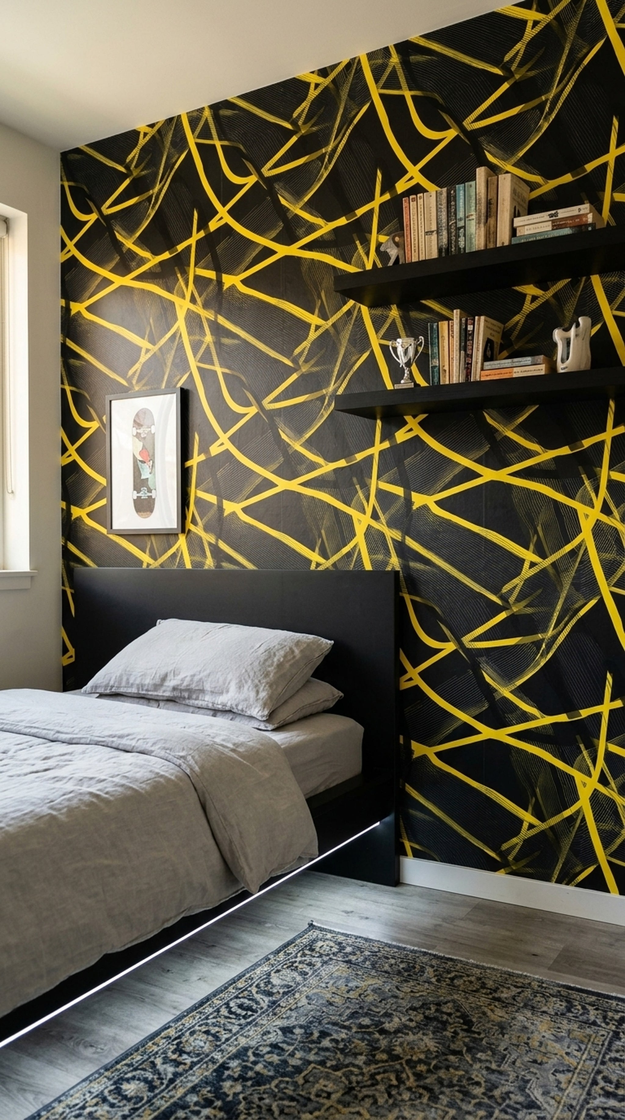 Siyah Altın Çizgili Geometrik Duvar Kağıdı Modern Salon