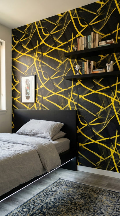 Siyah Altın Çizgili Geometrik Duvar Kağıdı Modern Salon