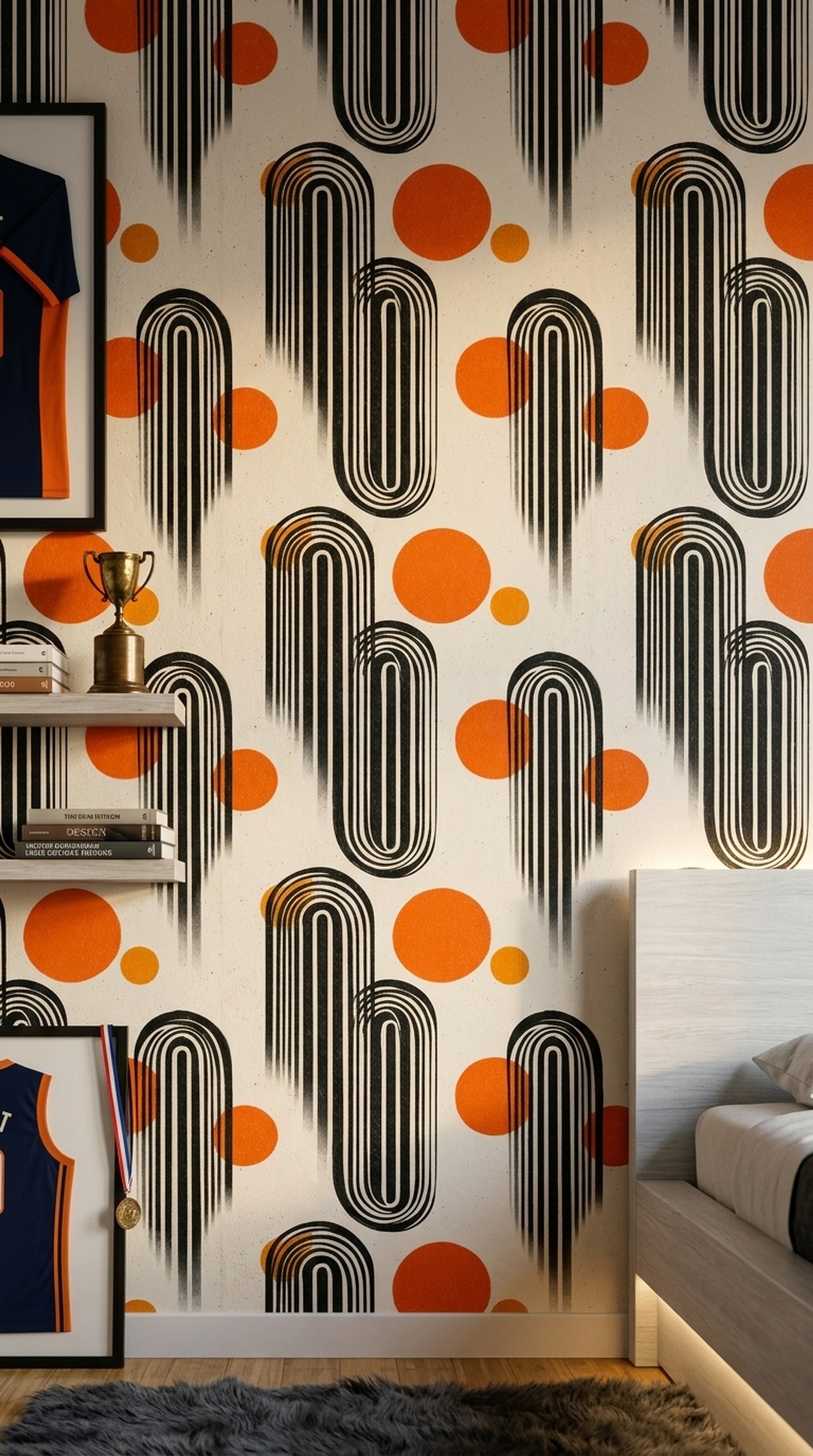 Geometrik Retro Duvar Kağıdı Turuncu Siyah Salon Desenli