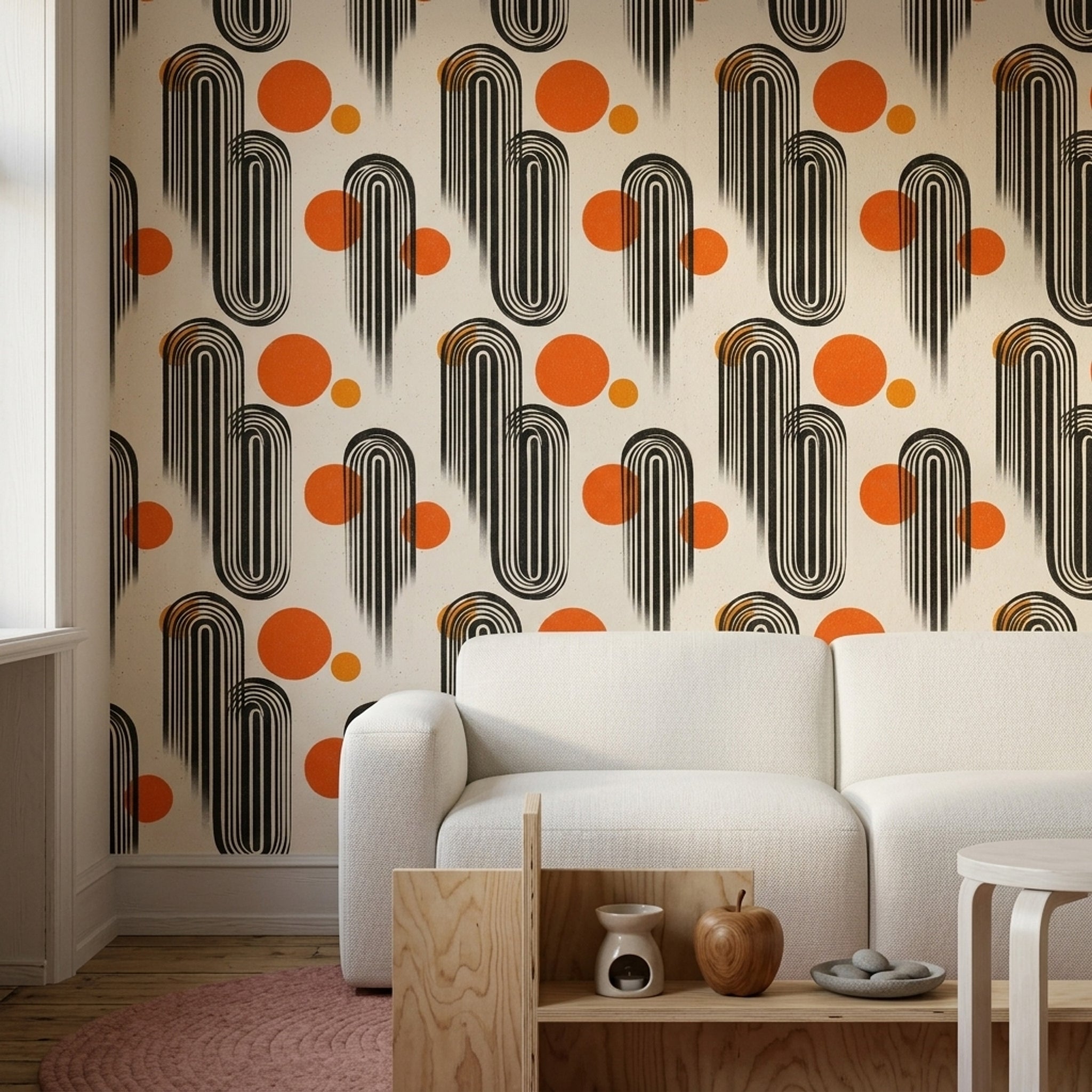 Geometrik Retro Duvar Kağıdı Turuncu Siyah Salon Desenli