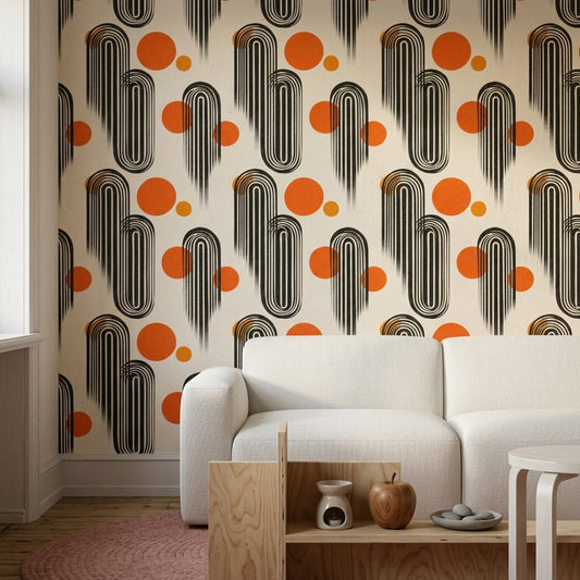 Geometrik Retro Duvar Kağıdı Turuncu Siyah Salon Desenli