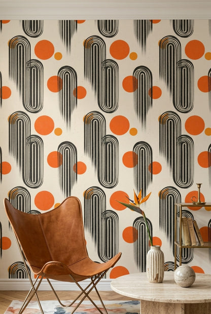 Geometrik Retro Duvar Kağıdı Turuncu Siyah Salon Desenli