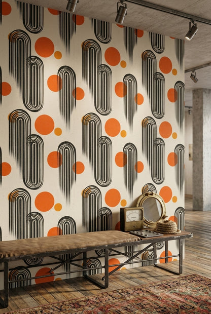 Geometrik Retro Duvar Kağıdı Turuncu Siyah Salon Desenli