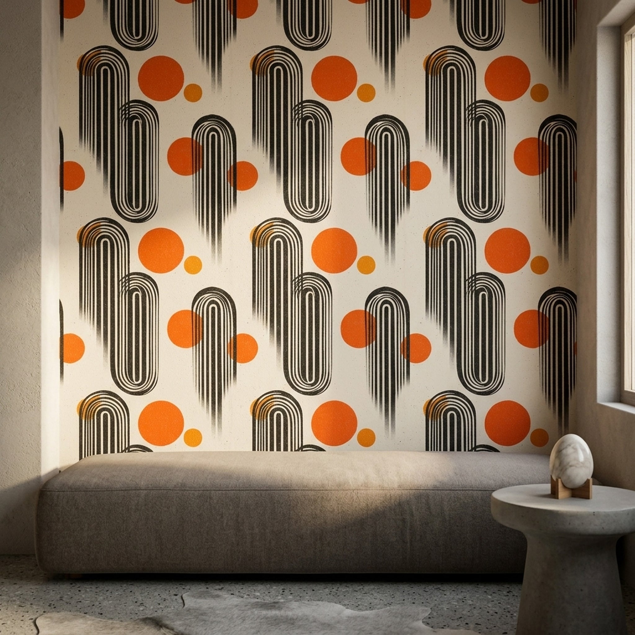 Geometrik Retro Duvar Kağıdı Turuncu Siyah Salon Desenli