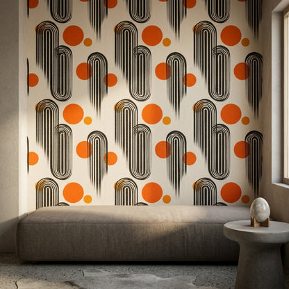 Geometrik Retro Duvar Kağıdı Turuncu Siyah Salon Desenli
