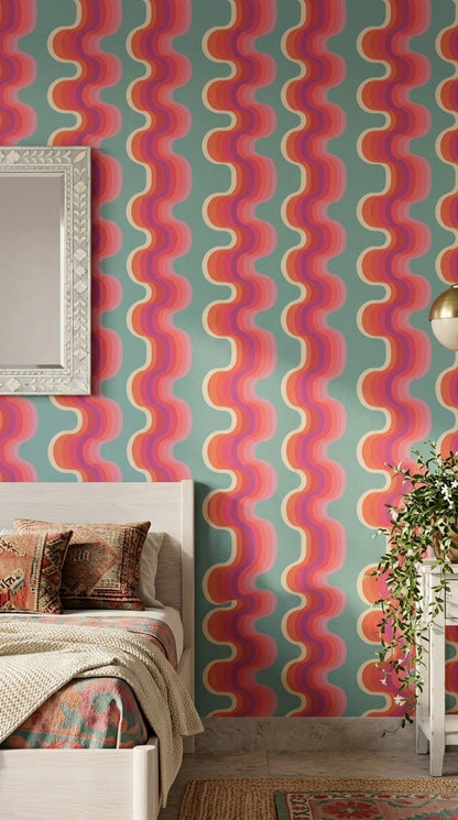 Retro Dalgalı Geometrik Duvar Kağıdı Turkuaz Pembe Desenli