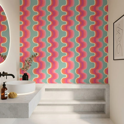 Retro Dalgalı Geometrik Duvar Kağıdı Turkuaz Pembe Desenli