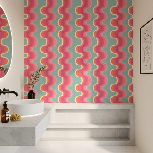 Retro Dalgalı Geometrik Duvar Kağıdı Turkuaz Pembe Desenli