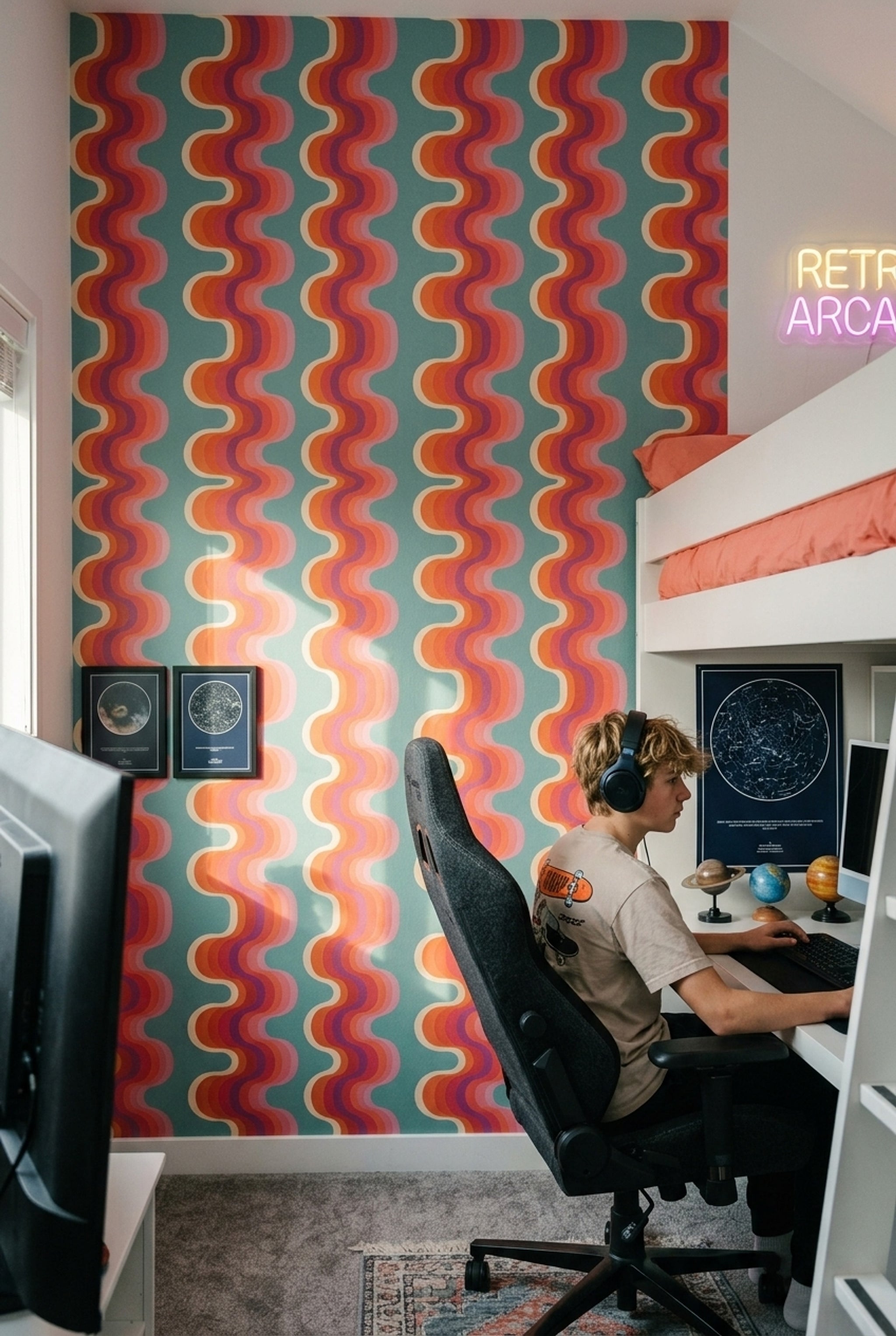 Retro Dalgalı Geometrik Duvar Kağıdı Turkuaz Pembe Desenli