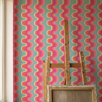 Retro Dalgalı Geometrik Duvar Kağıdı Turkuaz Pembe Desenli