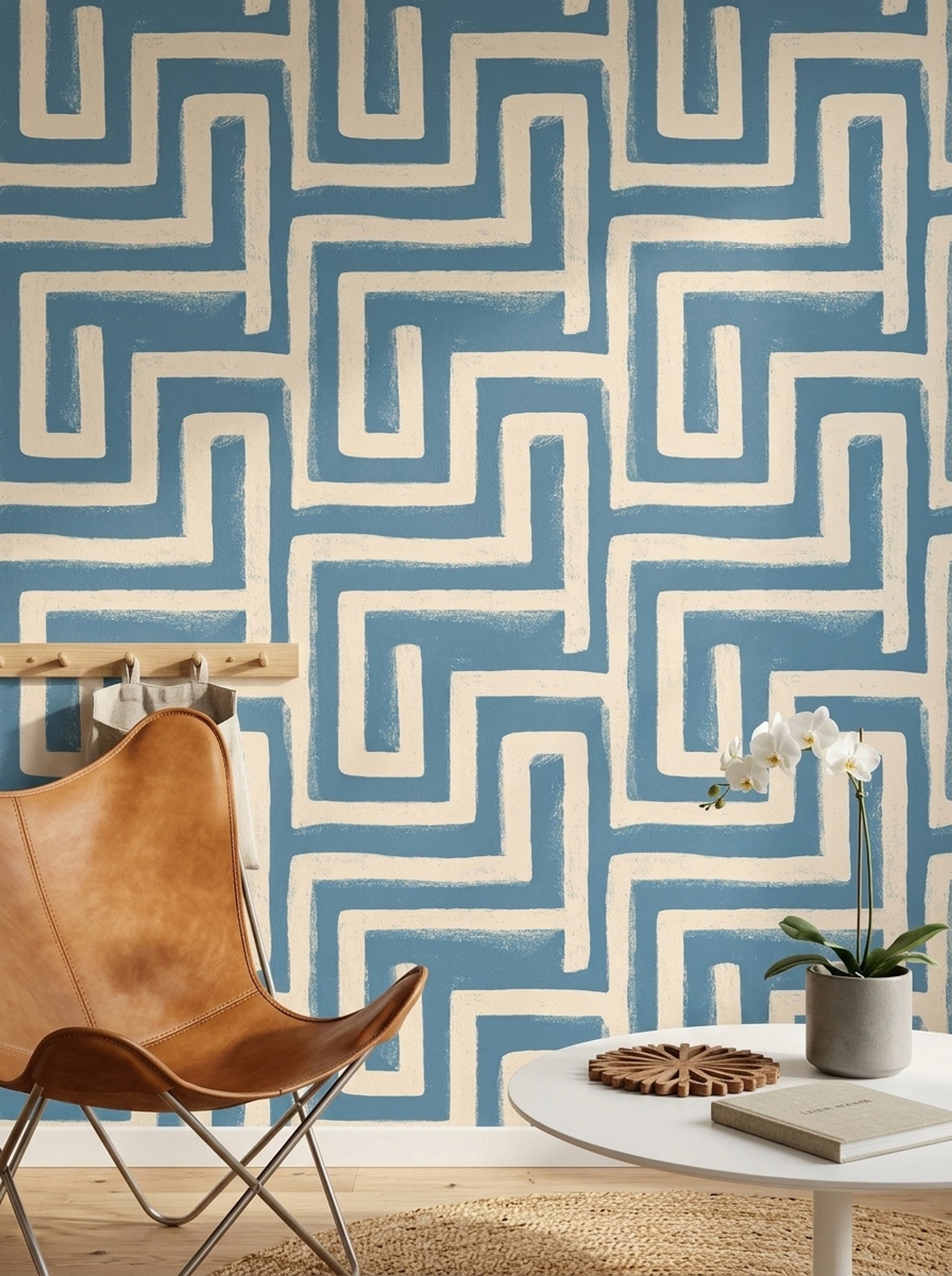 Geometrik Labirent Desenli Duvar Kağıdı Mavi Krem Salon