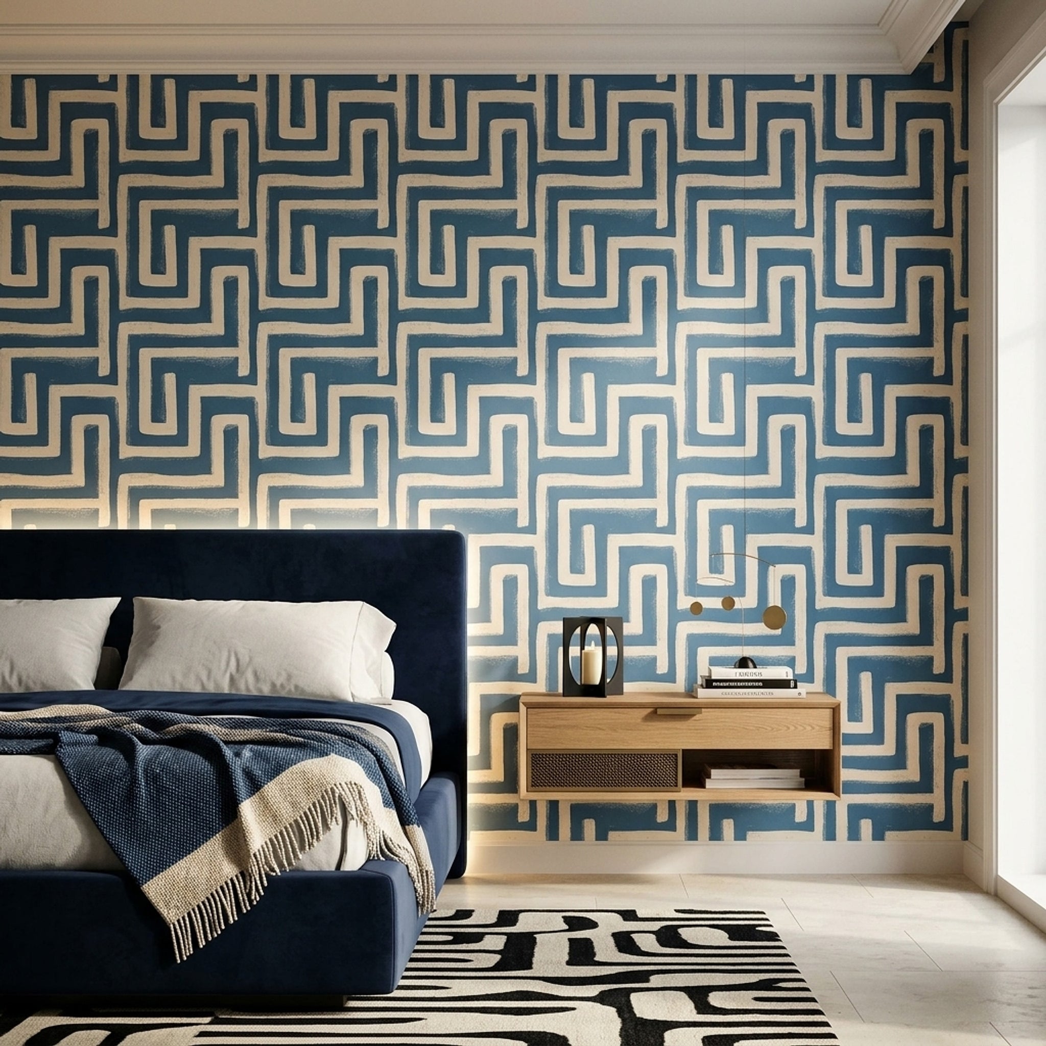 Geometrik Labirent Desenli Duvar Kağıdı Mavi Krem Salon