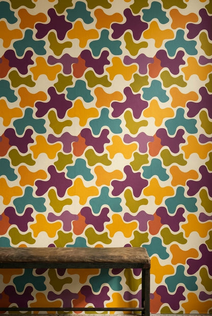 Retro Geometrik Duvar Kağıdı Renkli Desenli Salon Dekoru