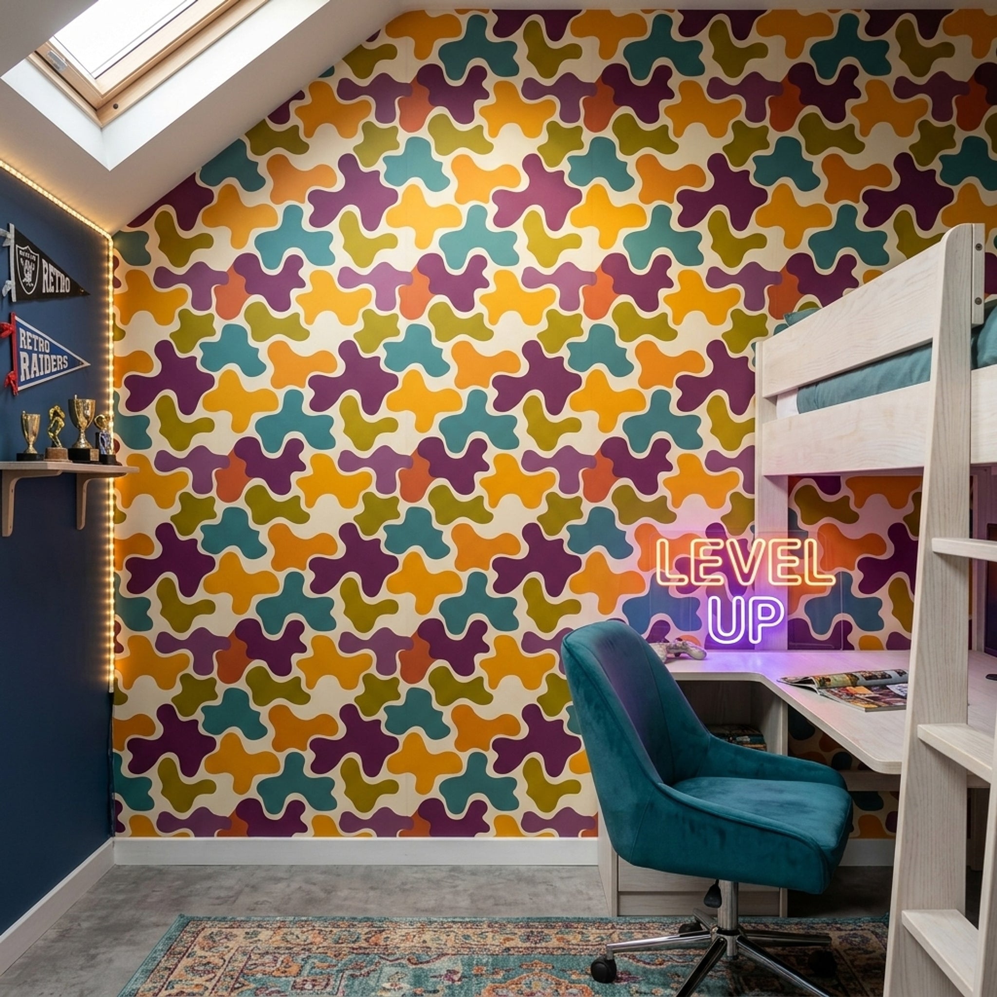 Retro Geometrik Duvar Kağıdı Renkli Desenli Salon Dekoru
