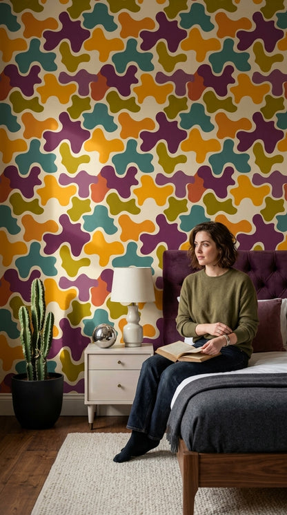 Retro Geometrik Duvar Kağıdı Renkli Desenli Salon Dekoru