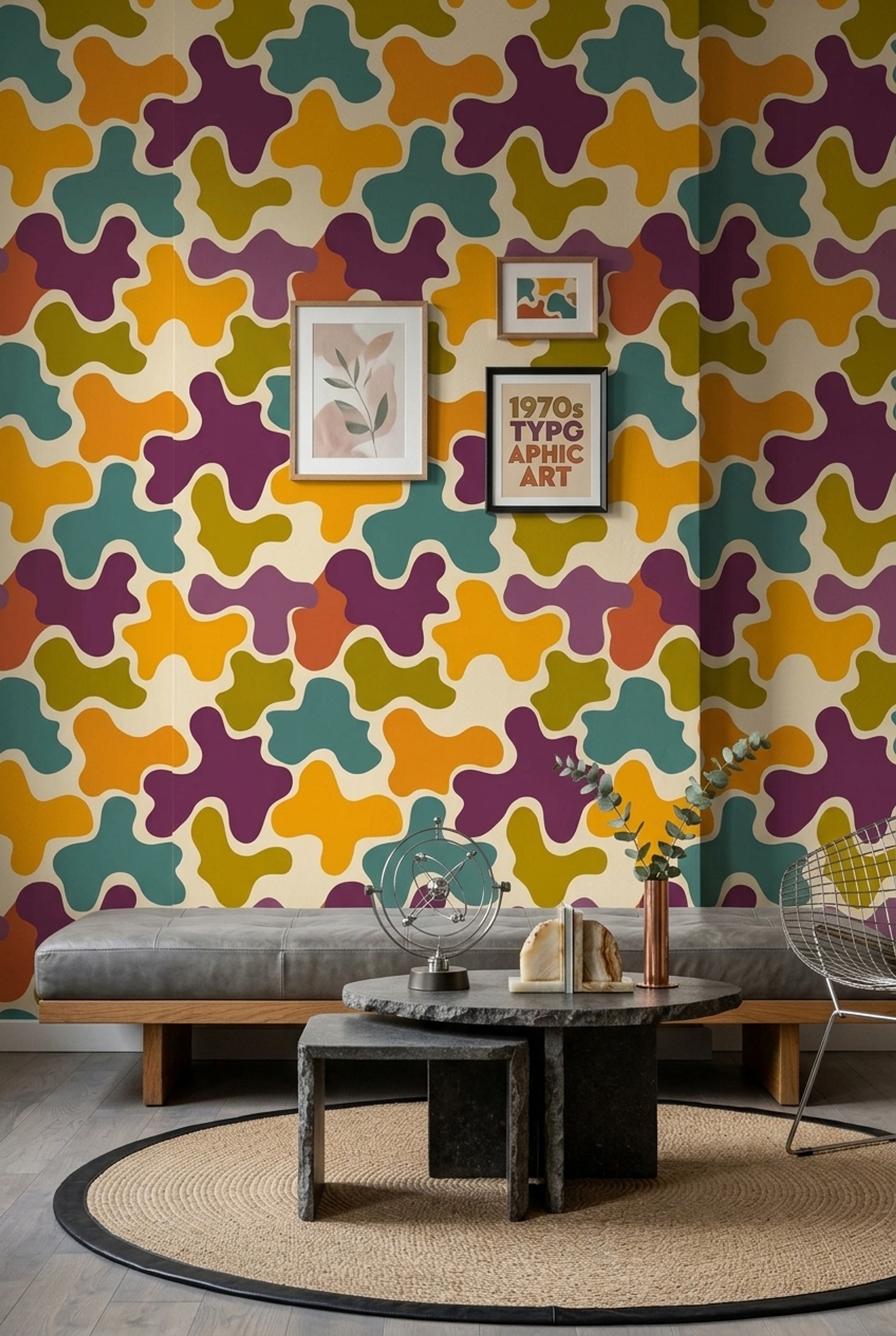 Retro Geometrik Duvar Kağıdı Renkli Desenli Salon Dekoru