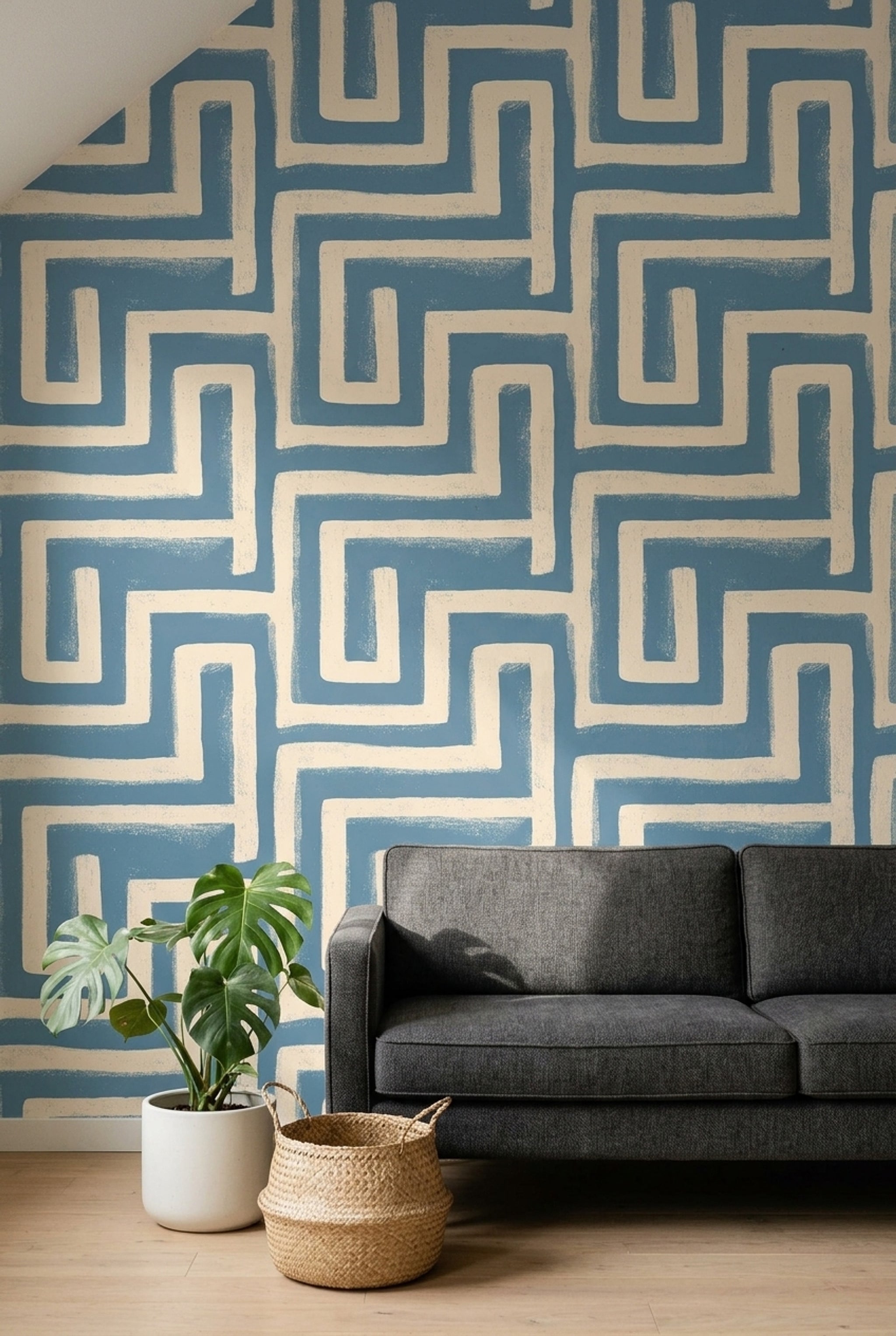 Geometrik Labirent Desenli Duvar Kağıdı Mavi Krem Salon