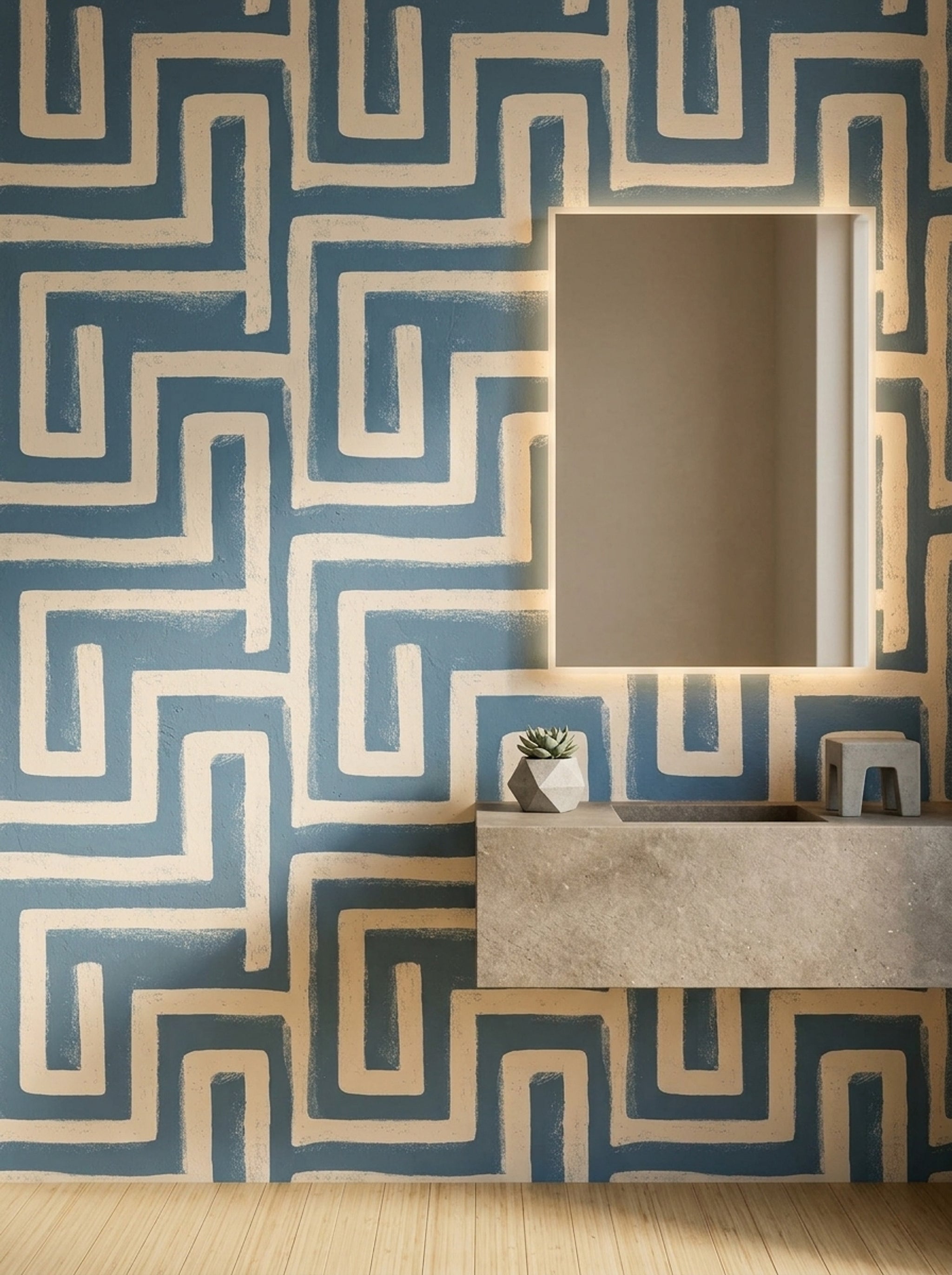 Geometrik Labirent Desenli Duvar Kağıdı Mavi Krem Salon