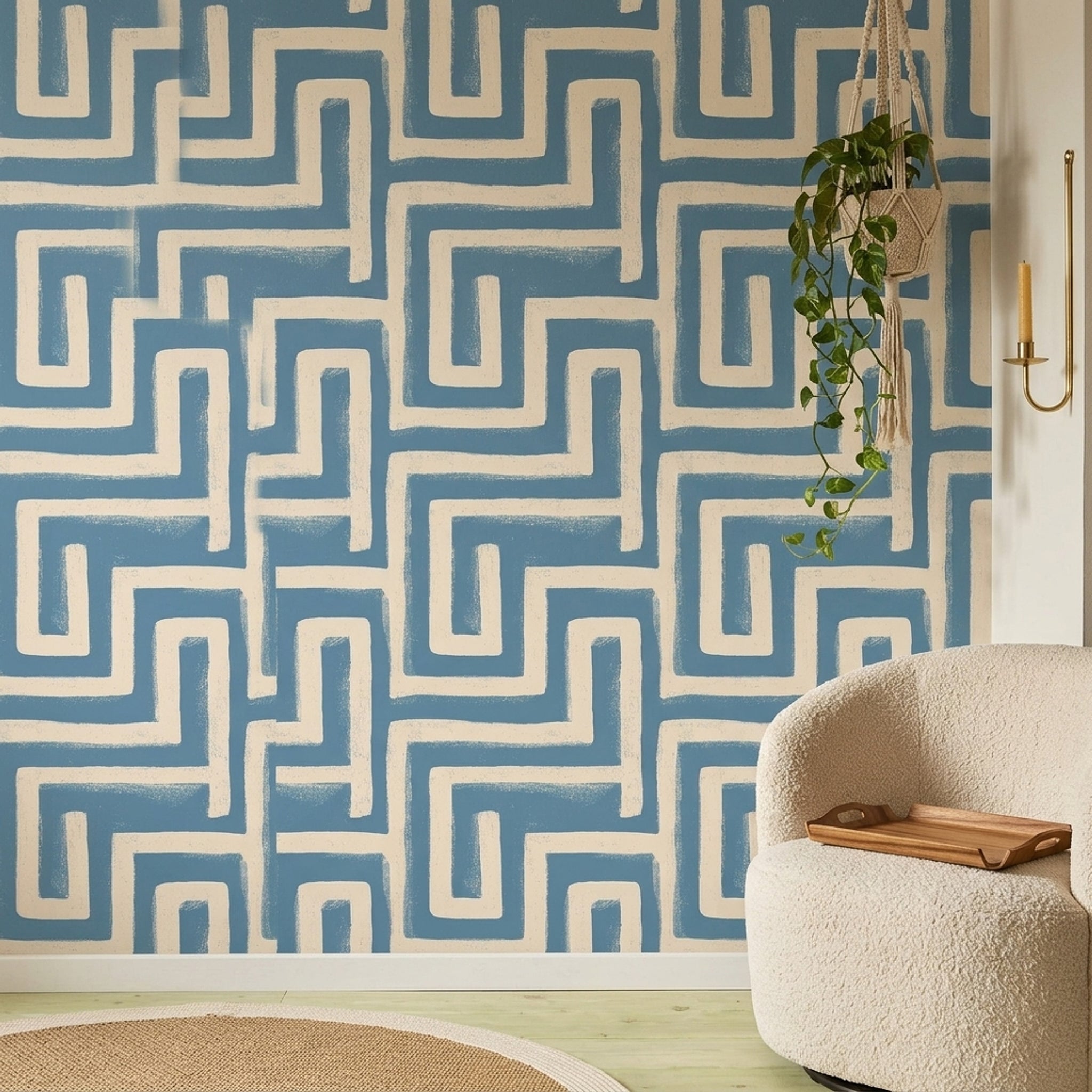 Geometrik Labirent Desenli Duvar Kağıdı Mavi Krem Salon