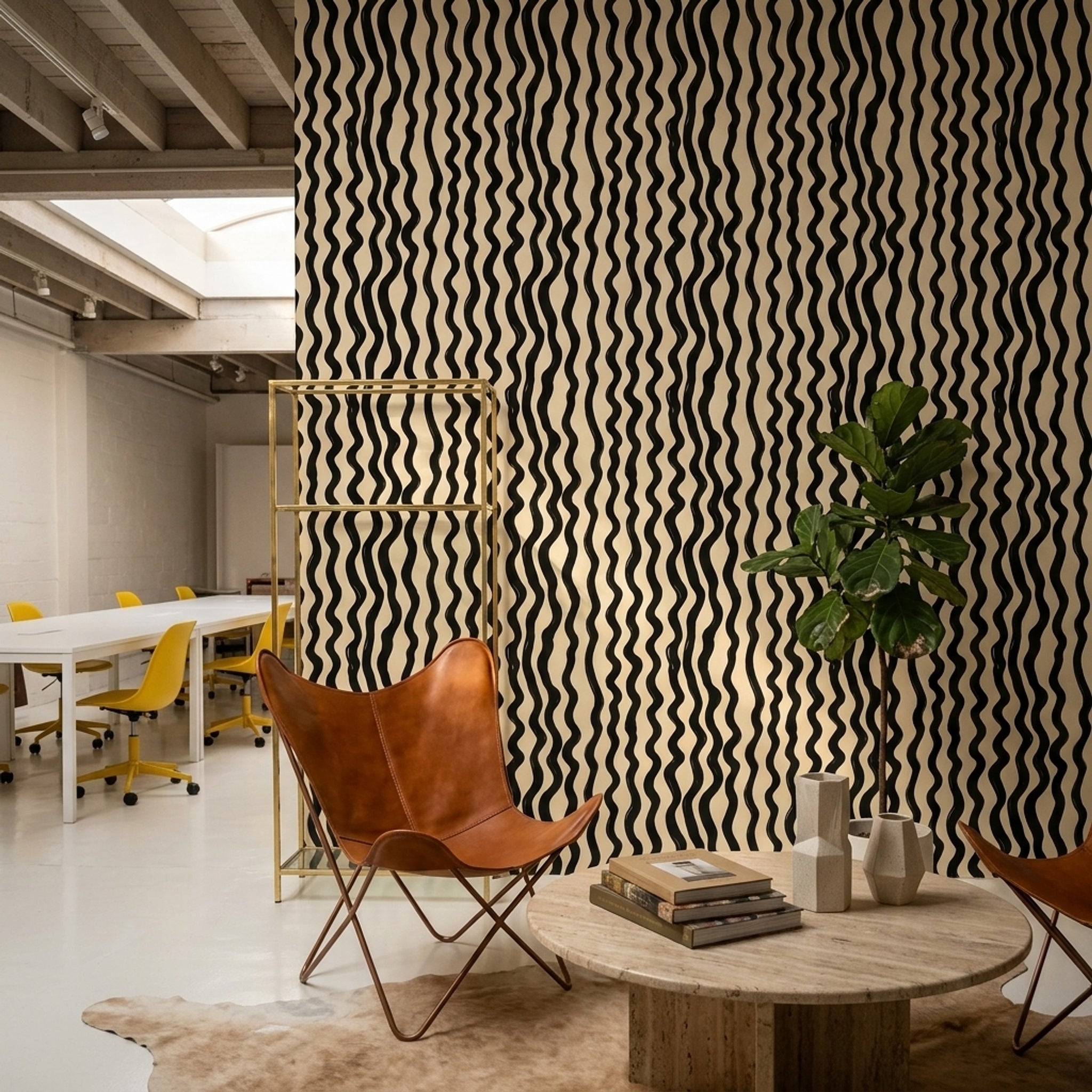 Siyah Dalgalı Çizgili Duvar Kağıdı Bej Modern Salon