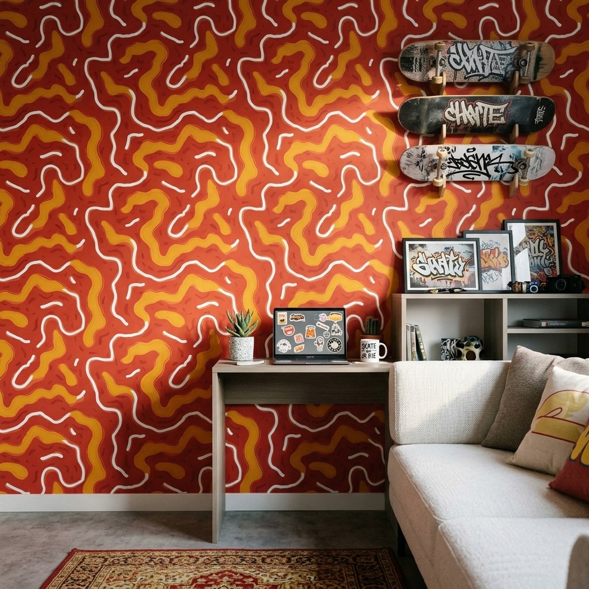 Dalgalı Soyut Desenli Duvar Kağıdı Kırmızı Sarı Modern
