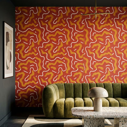 Dalgalı Soyut Desenli Duvar Kağıdı Kırmızı Sarı Modern