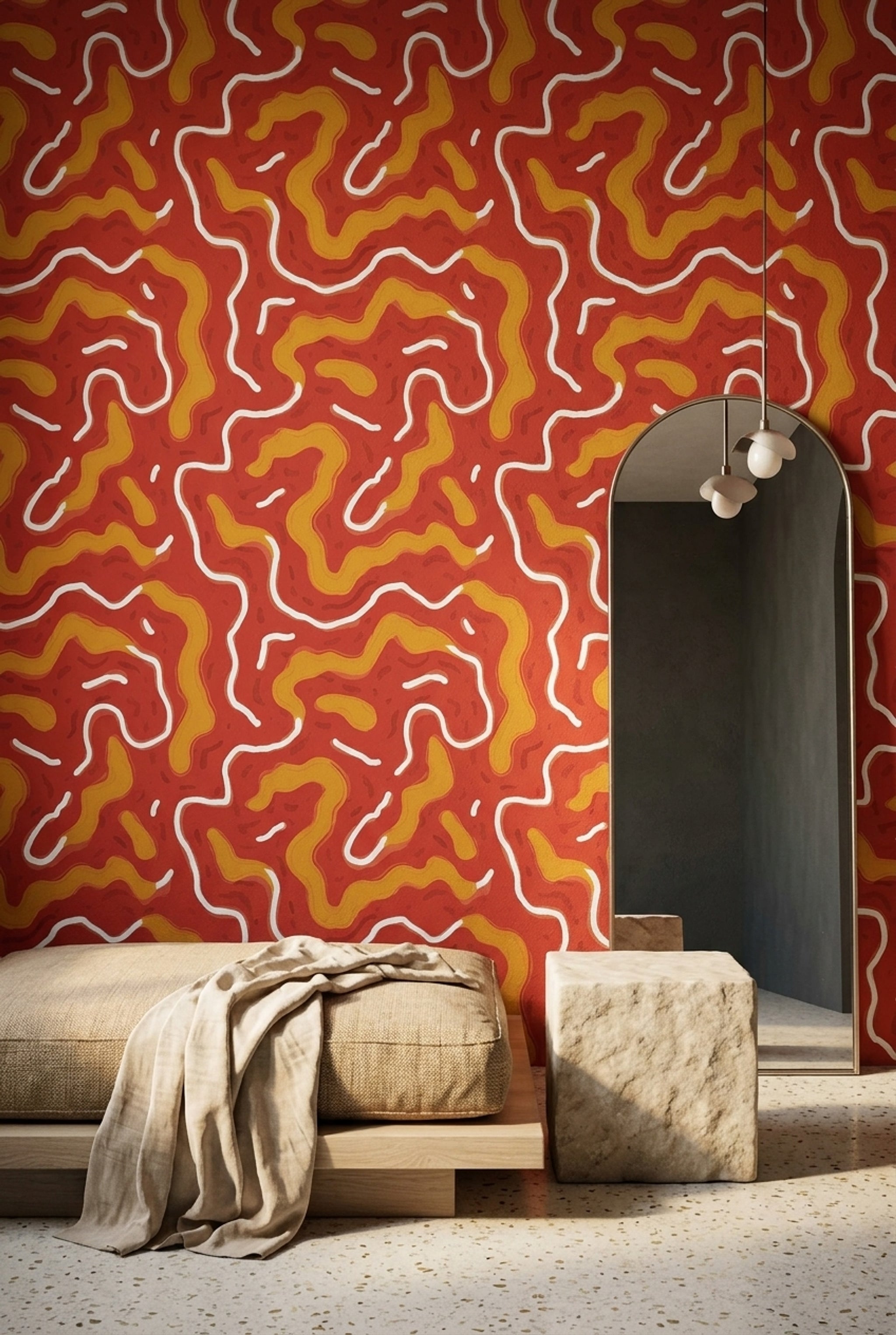 Dalgalı Soyut Desenli Duvar Kağıdı Kırmızı Sarı Modern