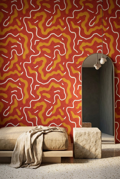Dalgalı Soyut Desenli Duvar Kağıdı Kırmızı Sarı Modern
