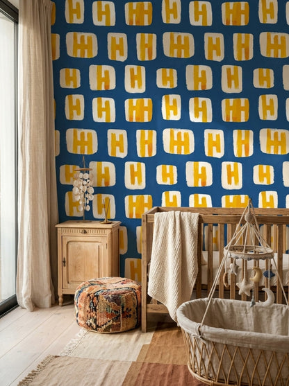 Mavi Sarı Geometrik Duvar Kağıdı Çocuk Odası Desenli