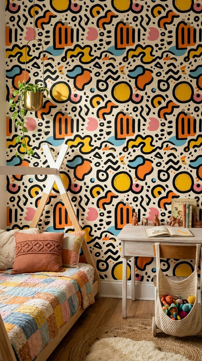Renkli Soyut Geometrik Duvar Kağıdı Modern Desenli Salon