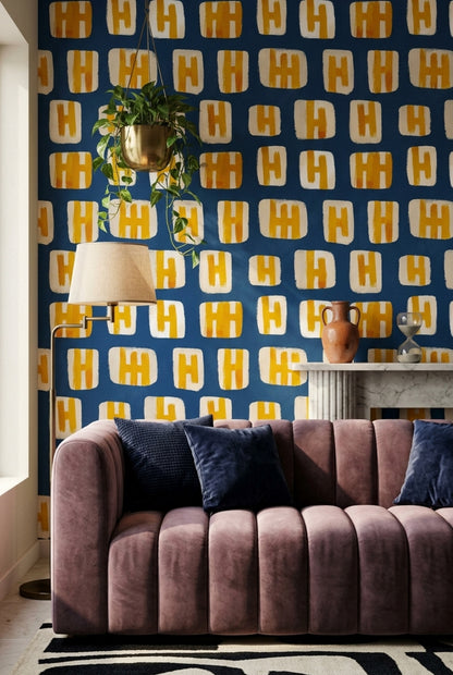 Mavi Sarı Geometrik Duvar Kağıdı Çocuk Odası Desenli