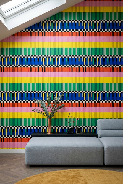 Renkli Çizgili Geometrik Duvar Kağıdı Modern Salon Duvarı