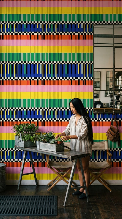 Renkli Çizgili Geometrik Duvar Kağıdı Modern Salon Duvarı
