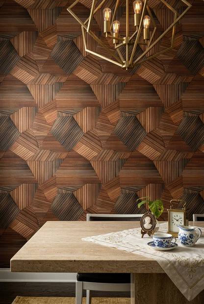 Geometrik Ahşap Görünümlü Duvar Kağıdı Kahverengi Salon Duvarı