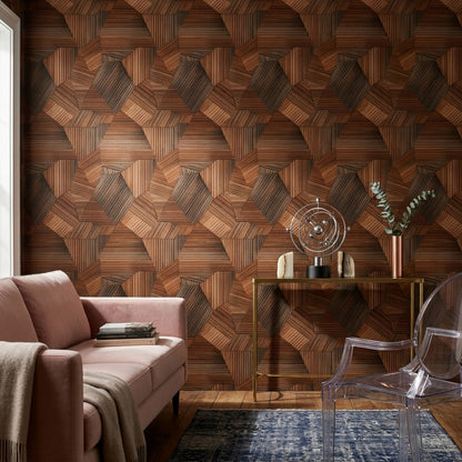 Geometrik Ahşap Görünümlü Duvar Kağıdı Kahverengi Salon Duvarı