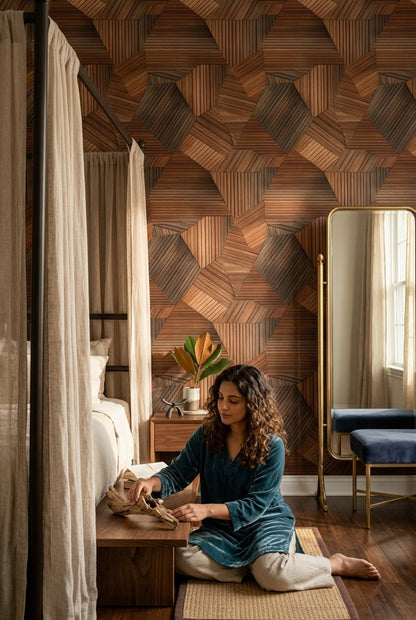 Geometrik Ahşap Görünümlü Duvar Kağıdı Kahverengi Salon Duvarı