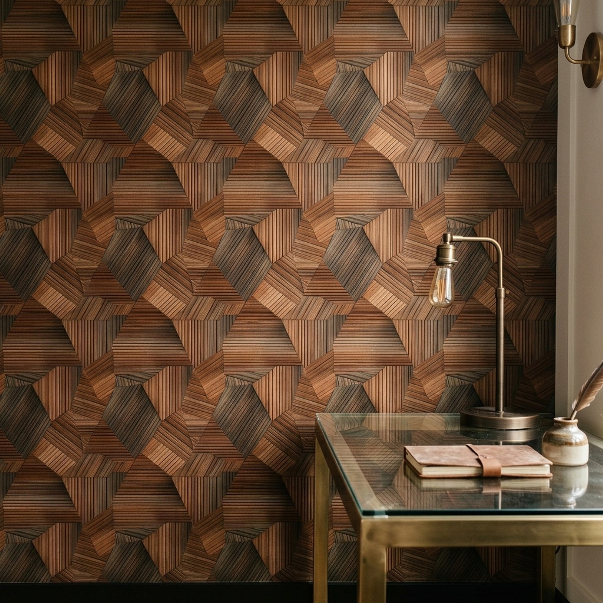 Geometrik Ahşap Görünümlü Duvar Kağıdı Kahverengi Salon Duvarı