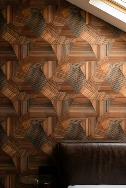 Geometrik Ahşap Görünümlü Duvar Kağıdı Kahverengi Salon Duvarı