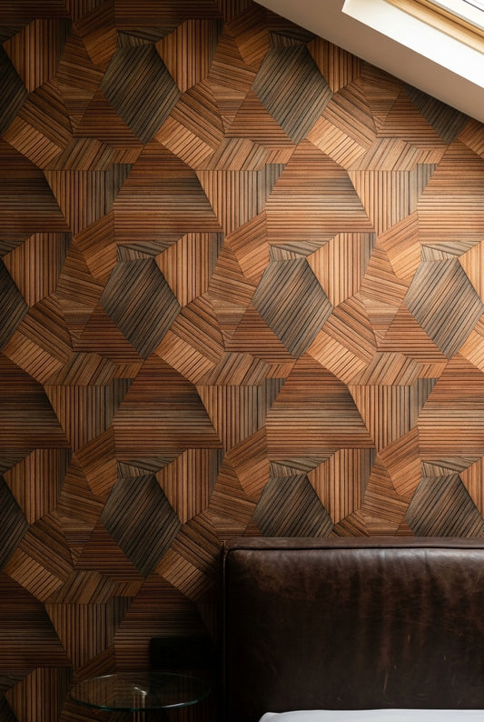 Geometrik Ahşap Görünümlü Duvar Kağıdı Kahverengi Salon Duvarı