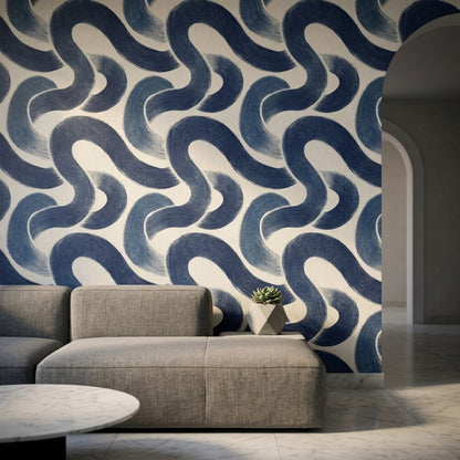 Mavi Dalga Desenli Duvar Kağıdı Modern Salon Dekoru