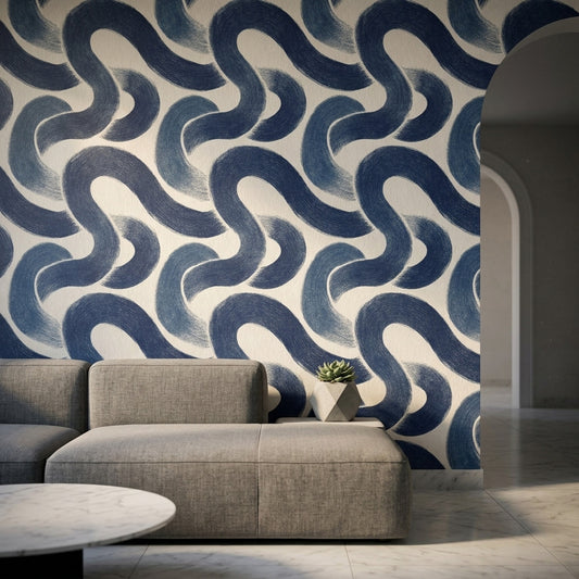 Mavi Dalga Desenli Duvar Kağıdı Modern Salon Dekoru
