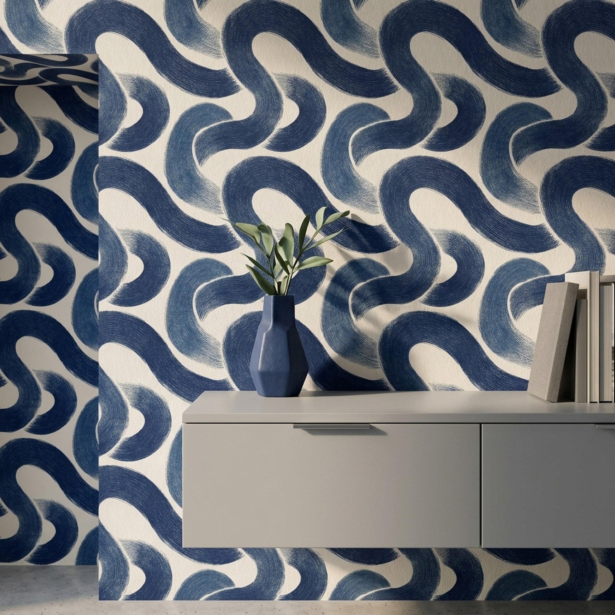 Mavi Dalga Desenli Duvar Kağıdı Modern Salon Dekoru
