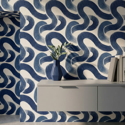 Mavi Dalga Desenli Duvar Kağıdı Modern Salon Dekoru