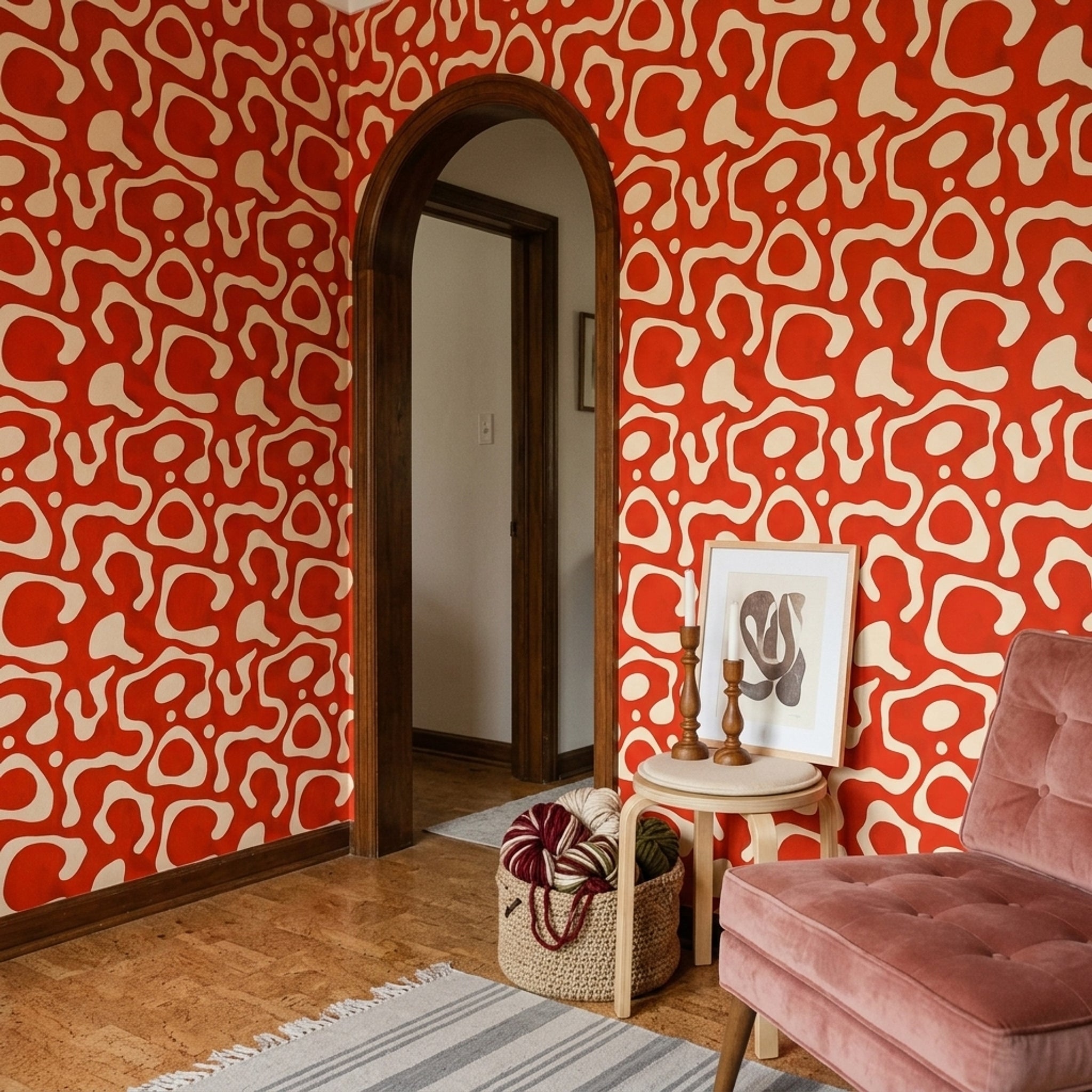 Retro Geometrik Duvar Kağıdı Kırmızı Krem Salon Desenli