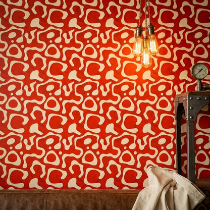 Retro Geometrik Duvar Kağıdı Kırmızı Krem Salon Desenli