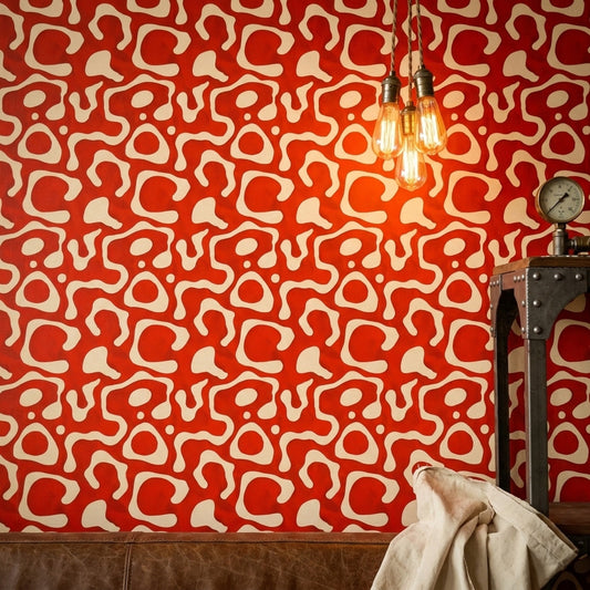 Retro Geometrik Duvar Kağıdı Kırmızı Krem Salon Desenli
