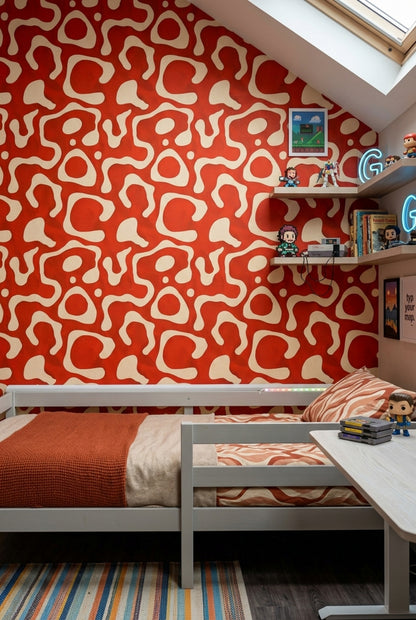 Retro Geometrik Duvar Kağıdı Kırmızı Krem Salon Desenli
