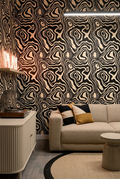 Soyut Dalgalı Desenli Duvar Kağıdı Siyah Beyaz Salon