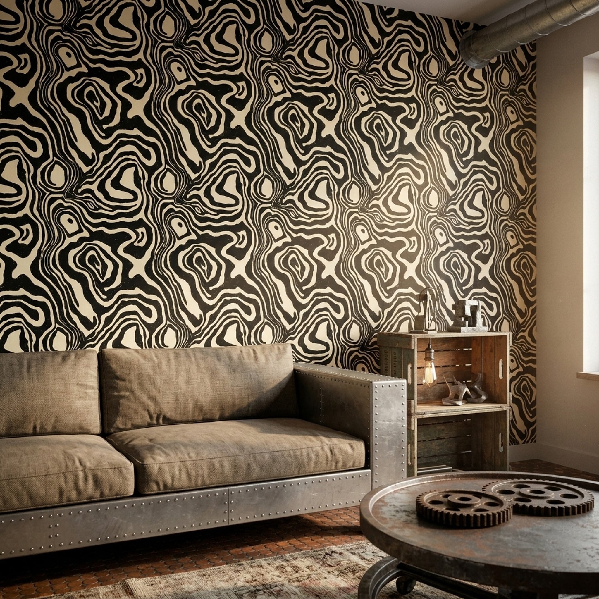 Soyut Dalgalı Desenli Duvar Kağıdı Siyah Beyaz Salon