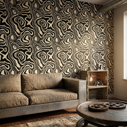 Soyut Dalgalı Desenli Duvar Kağıdı Siyah Beyaz Salon